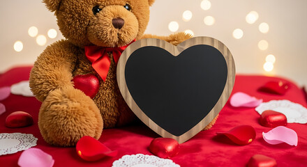 A heart-shaped frame with a teddy bear on a bed of rose petals. illustration