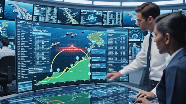 Two businessmen analyzing maritime navigation and tracking data on a large screen display in a control room with multiple monitors showing various maps and ship movements