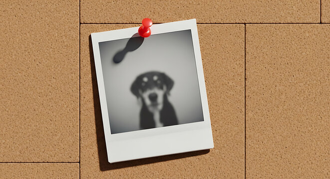 A polaroid photograph of a dog with a blurred background on a corkboard. illustration