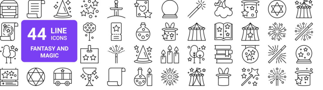 Set of 44 thin line fantasy and magic icons. Chest, scroll, forest, spellbook, potion, wand, crystal ball. Vector illustration with editable stroke