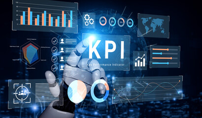 A digital interface showcasing KPIs with charts and data visualizations. A robotic hand interacts...