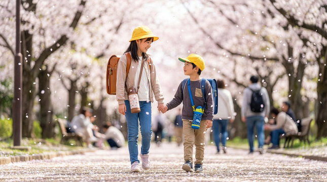 満開の桜の下で新一年生の弟と見守る姉が一緒に集合場所に向かっている