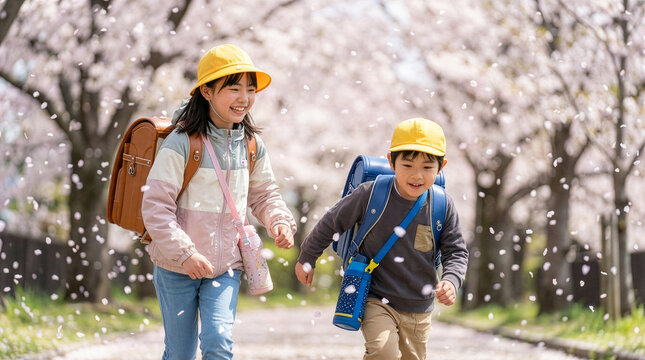 満開の桜の下で新一年生の弟と見守る姉が一緒に集合場所に向かっている
