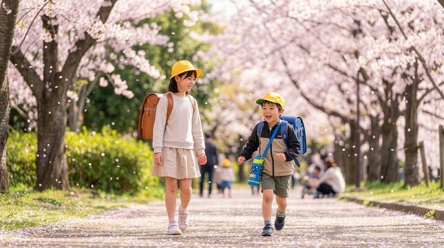 満開の桜の下で新一年生の弟と見守る姉が一緒に集合場所に向かっている