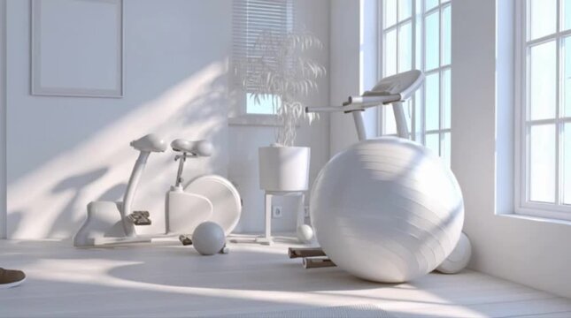 Home Gym Workout Room Interior Design With Fitness Equipment In Bright White Aesthetic 4k Stock Video