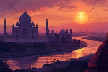 Naklejka premium Postcard with landscape of Taj Mahal, Agra at sunset