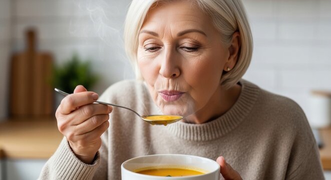 elderly woman enjoying hot soup at home kitchen, feeling cozy and warm on winter day