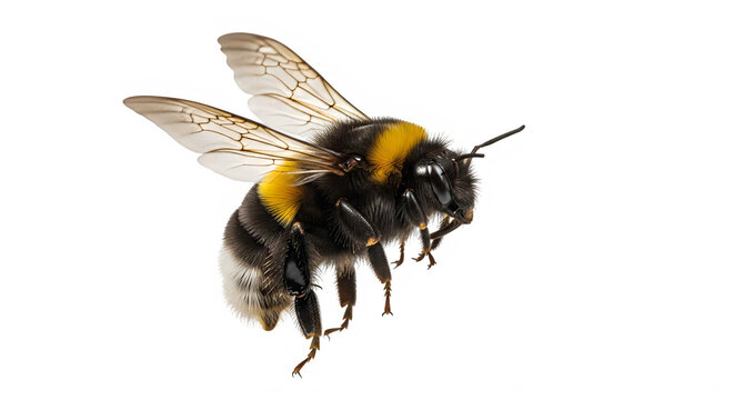 High-resolution image of a bumblebee in flight, isolated on transparent background
