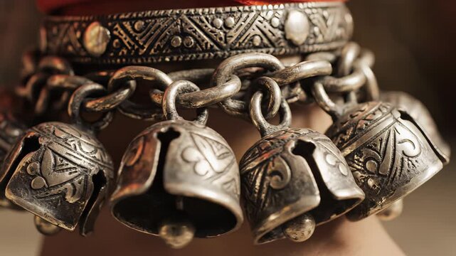 Detailed Macro Shot Of Ornate Silver Anklet With Multiple Bells And Red Fabric Accent