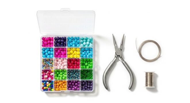 colorful bead kit with pliers and wire for diy craft jewelry making on a white background