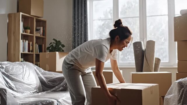 Woman struggles with heavy box while moving house, depicting effort and back pain, relocation