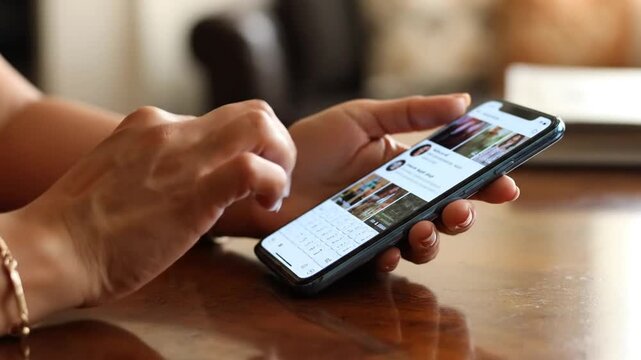 Woman Using Smartphone, Scrolling Social Media App on Modern Wooden Table, Close Up Shot