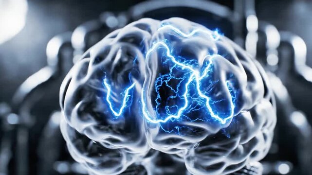 A brain with a glowing blue neon-like lightning bolt in the middle, set against a blurred dark background with hints of machinery