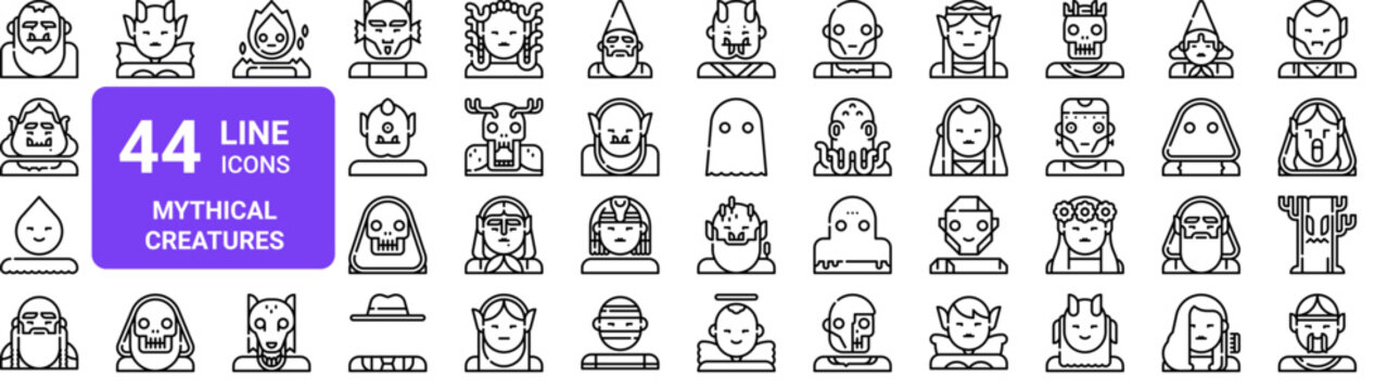 Set of 44 thin line mythical creature icons. Includes vampire, werewolf, demon, ghost, wizard, fairy, elf, troll, zombie, mummy and more. Vector outline pack