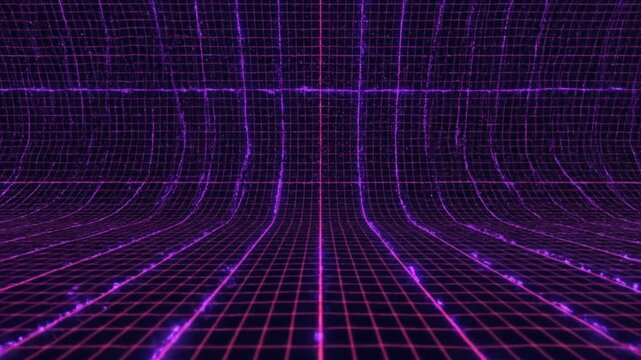 Abstract purple and magenta glowing grid pattern creates a futuristic digital environment suggesting virtual reality or cyberspace backgrounds.