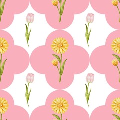 Seamless Watercolor Easter Pattern with Bunny, Eggs and Spring Flowers