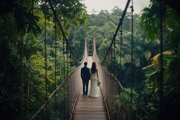 Fototapeta premium Happy couple standing still on a canopy bridge surrounded by rainforest