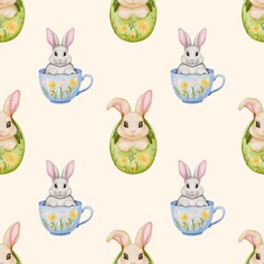 Fototapeta premium Seamless Watercolor Easter Pattern with Bunny, Eggs and Spring Flowers