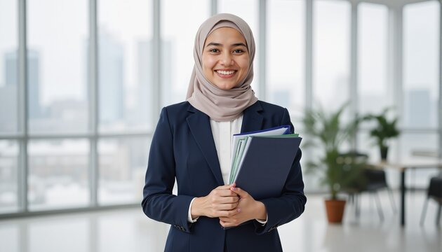 Happy young muslim business woman wearing hijab with standing smiling and holding work file folder
