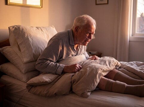 Heart Failure: Professional photography vivid light, elderly person sitting upright in bed propped up by many pillows, gasping for air, swollen ankles visible, soft evening light.