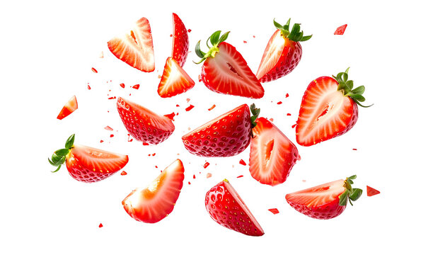 Sliced strawberries with green leaves floating against a black background