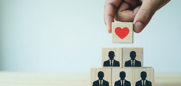 A hand places a red heart block atop a pyramid of human resources wooden blocks.