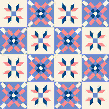 Scandinavian geometric abstract patchwork pattern on a blue and coral tile background. Geometric patchwork pattern with blue and pink accents, seamless repeating patterns, simple shapes