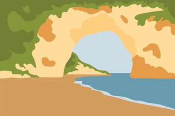 Serene beach landscape with natural arch and calm waters