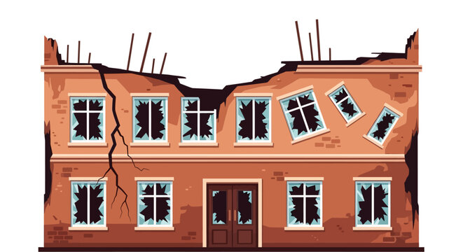 Damaged building with broken windows and cracked walls, viewed from the front, illustrating destruction and neglect in a urban environment
