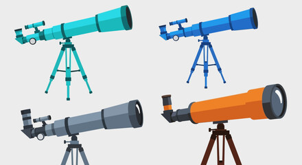 Assorted telescopes on stands arranged in a row, viewed from the front, showcasing diverse astronomy equipment © Professor