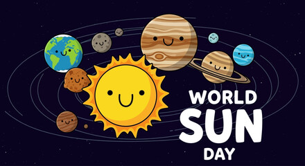 Celebration of World Sun Day with planets orbiting the sun in our solar system illustration © Professor