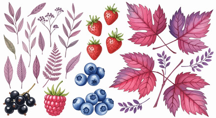 Collection of ripe fruits and leaves in various shades of pink and purple, surrounded by lush foliage, from a top-down viewpoint