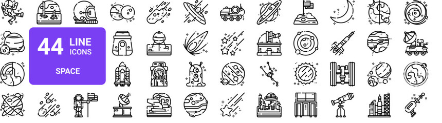 Set of 44 thin line space icons. Astronaut, planets, rocket, galaxy, satellite, moon, stars. Outline vector illustration pack for web and UI design © MacroOne