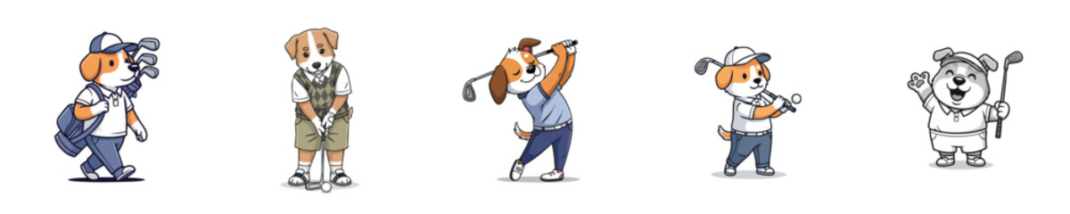 Obraz premium Golf Action Cute Dog Characters Playing Club Outdoor Sport Vector Set