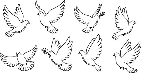 Fototapeta premium Collection of simple black line art dove illustrations symbolizing peace flying freely