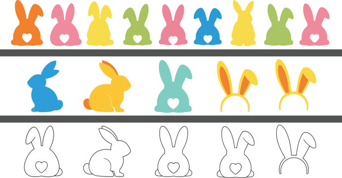 Collection of colorful and outline bunny vector icons perfect for easter crafts