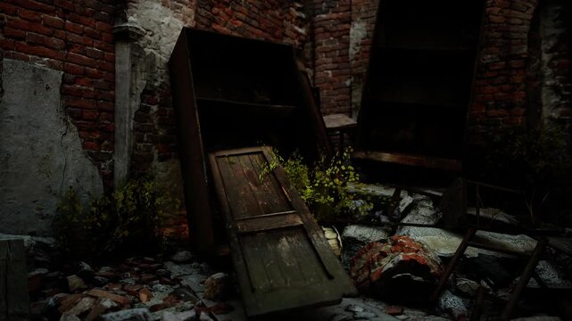 The remnants of a once grand European mansion reveal crumbling walls and scattered debris. Overgrown plants emerge amidst the collapsed furniture, showcasing natures reclaiming of space.