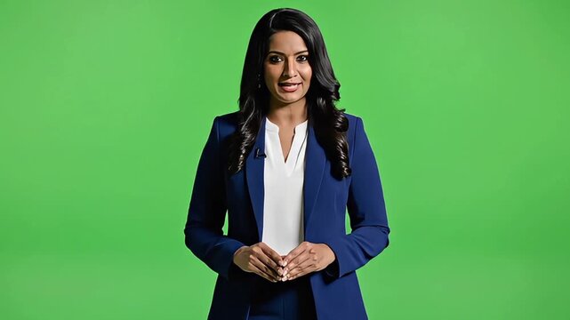 A professional female news reporter standing confidently in front of a green screen, wearing a blue blazer and white blouse for a broadcast.
