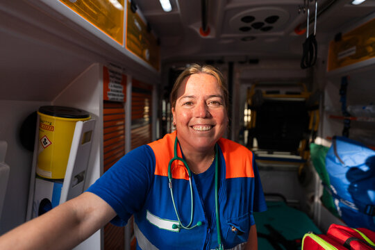 selfie of a woman paramedic in an ambulance