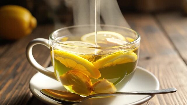 Hot steaming cup of ginger and lemon tea with honey being poured.