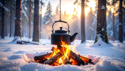 Fire with kettle in snowy forest clearing showing winter camp cooking and resilient outdoor camping lifestyle