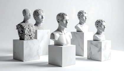 Classical white bust sculptures arranged in studio setting illustrating timeless art tradition and form study