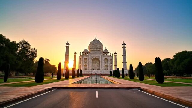 A serene sunrise view of the famous Indian monument seen from a long straight road with trees and manicured lawns in the background