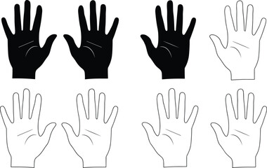 Obraz premium Illustrations of different hand gestures and palm orientations in black and white diagrams isolated on transparent background, Vector