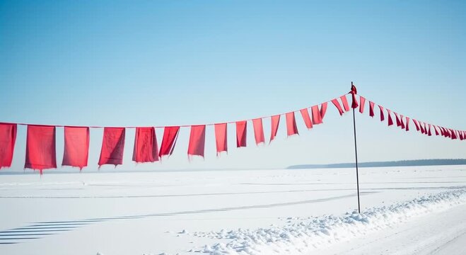 Red Festive Bunting Flags Blowing in Wind Over Snowy Landscape Under Clear Blue Sky