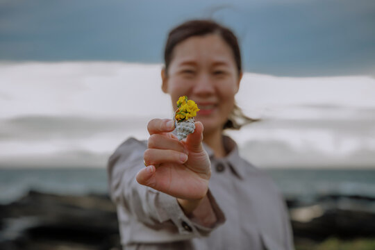 Small coastal joy: A shell and small flowers in hand.