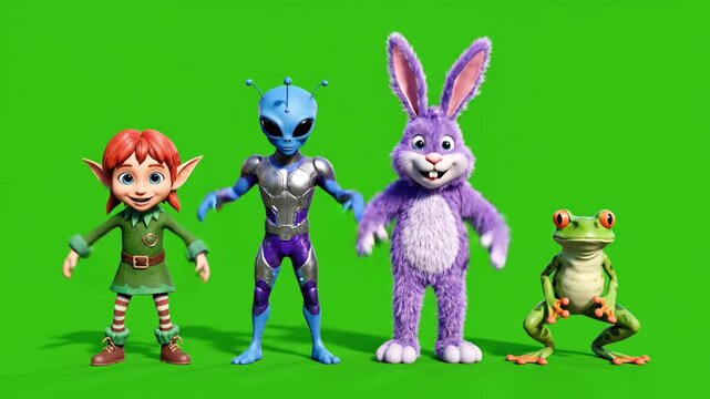 Four colorful cartoon characters posing together on green screen background for chroma key
