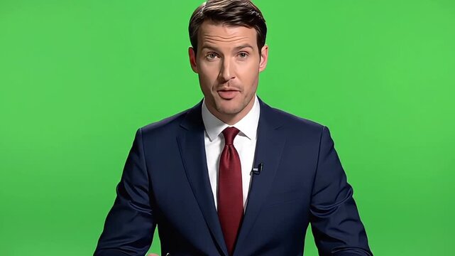 A professional news reporter in a navy blue suit and red tie stands in front of a green screen, looking directly at the camera with a serious expression.