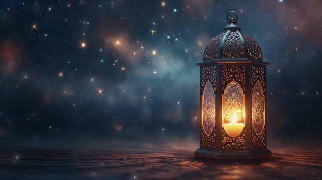 Glowing Lantern on Wooden Floor with Starry Night Sky Background for Eid or Ramadan Greeting Card