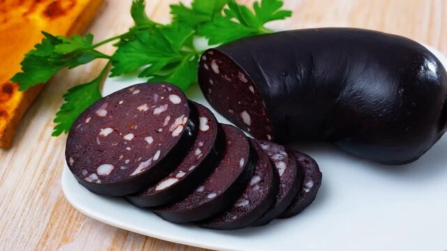 Sliced traditional blood sausage on wooden surface with herbs, creating a rustic European charcuterie and traditional meat product food concept.